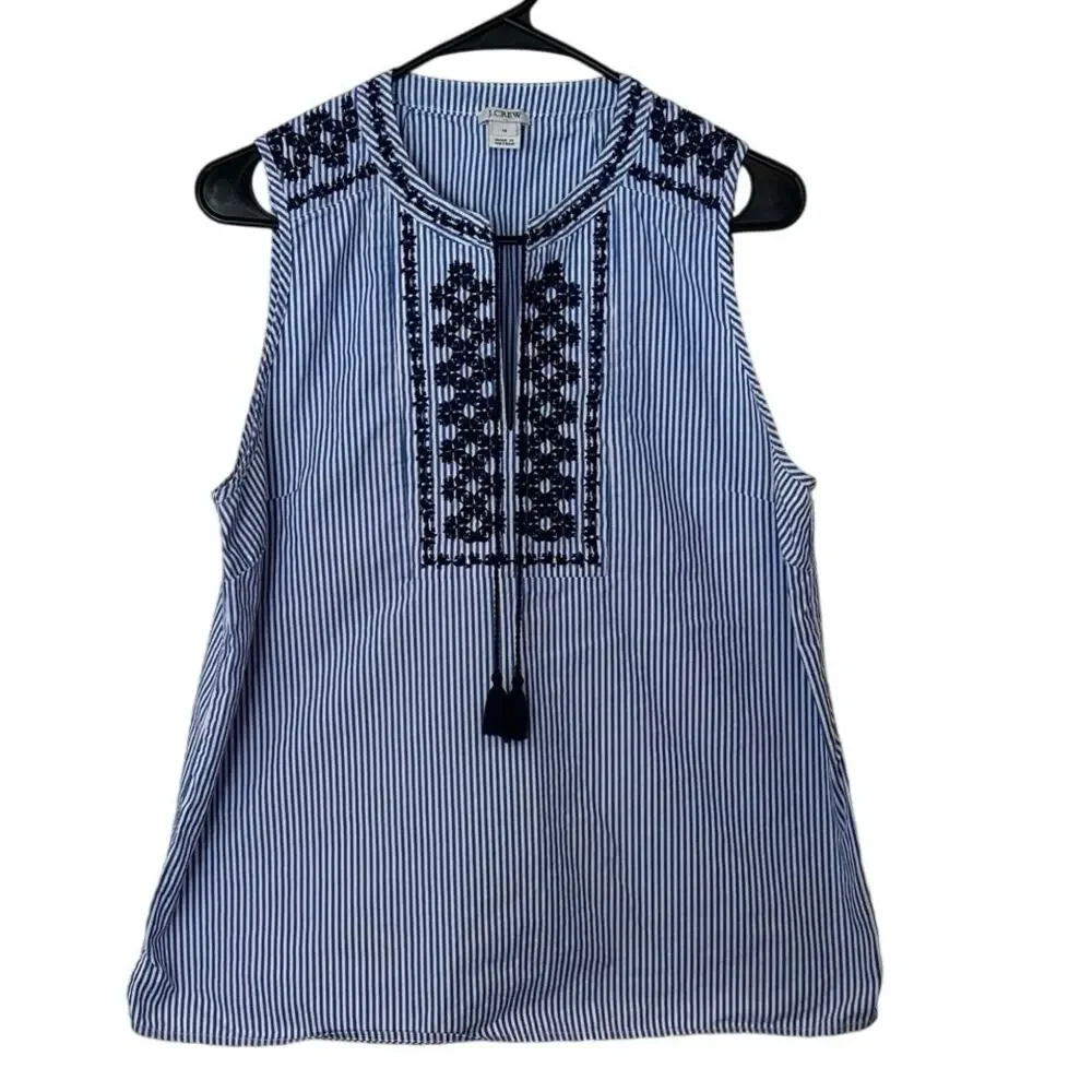 J. Crew Embroidered Striped Poplin Sleeveless Top Size 12‎ Tassels Preppy Summer